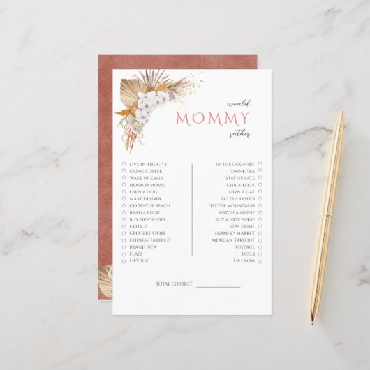 Boho Floral Baby Shower Game Mommy eher (Vorderseite/Rückseite Beispiel)