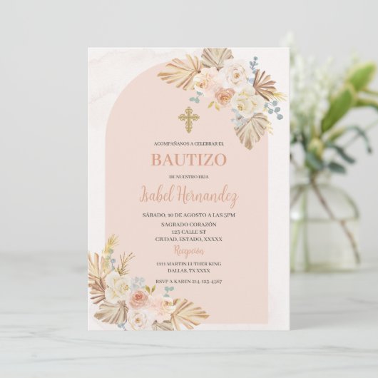 Boho Floral Bautizo Einladung (Stehend Vorderseite)