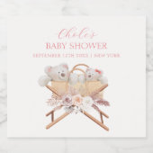 Boho Floral Bear Bassinet Girl Baby Dusche Schaumweinetikett (Einzelnes Label)