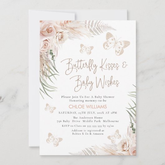 Boho Floral Beige Butterfly Kisses Baby Shower Einladung (Vorderseite)