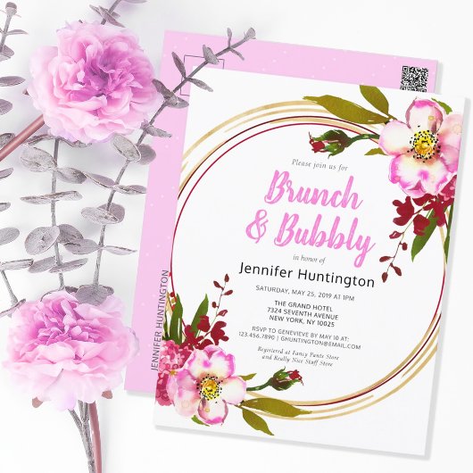Boho Floral Berry Pink Gold Brautparty Postkarte