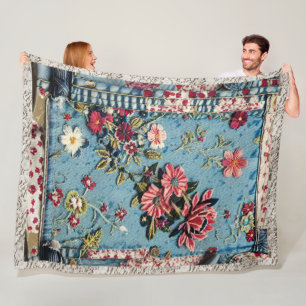 Boho Floral bestickt gestressten Denim und Spitze Fleecedecke