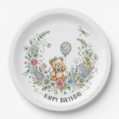 Boho floral birthday bear pappteller (Vorderseite)