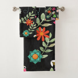 Boho Floral Black Background Pattern Badhandtuch Set