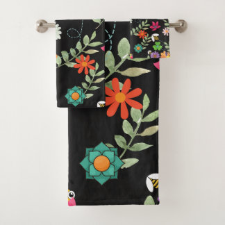 Boho Floral Black Background Pattern Badhandtuch Set