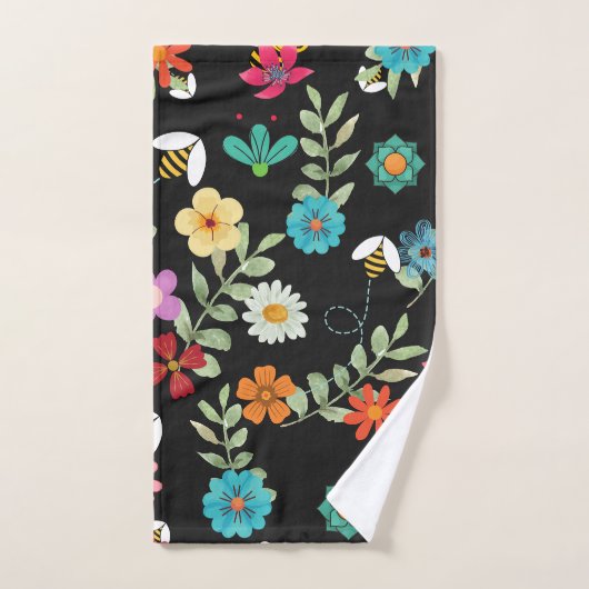 Boho Floral Black Background Pattern Badhandtuch Set (Handtuch)