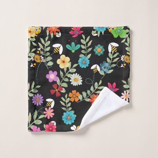 Boho Floral Black Background Pattern Badhandtuch Set (Waschlappen)