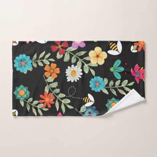 Boho Floral Black Background Pattern Badhandtuch Set (Handtuch)