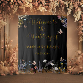 Boho Floral Black Butterfly Garden Tapestory Wandteppich