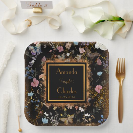 Boho Floral Black Butterfly Garden Wedding Pappteller (Hochzeit)