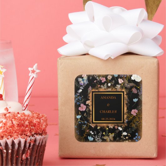 Boho Floral Black Butterfly Garden Wedding Quadratischer Aufkleber (Party)