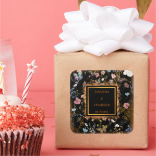 Boho Floral Black Butterfly Garden Wedding Quadratischer Aufkleber