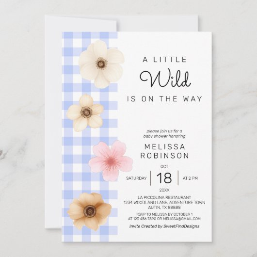 Boho Floral Blossom Blue Gingham Baby Boy Shower Einladung (Vorderseite)