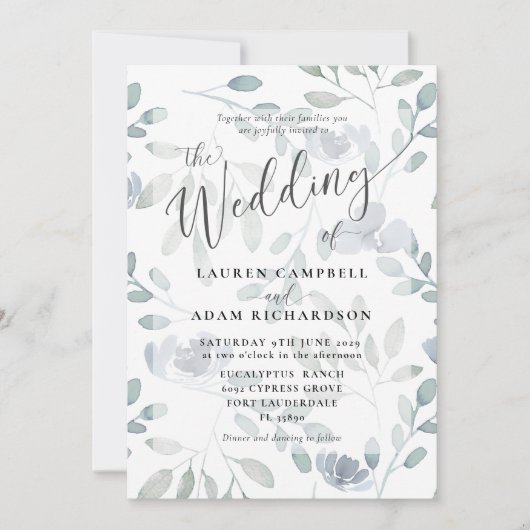 Boho Floral Blue Eucalyptus Wedding Einladung (Vorderseite)