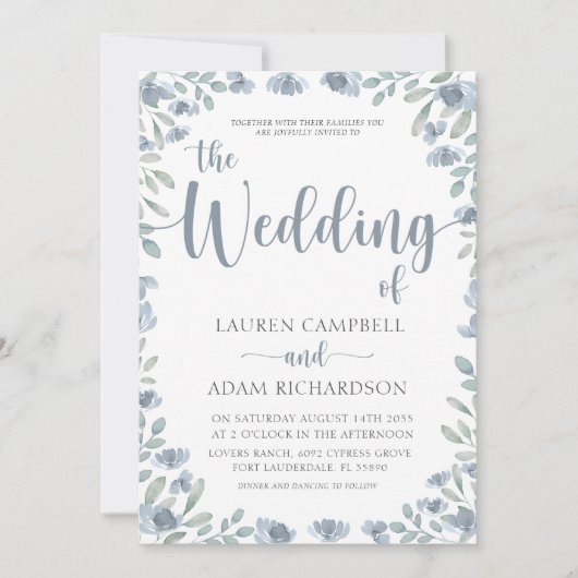 Boho Floral Blue Eucalyptus Wedding Einladung (Vorderseite)