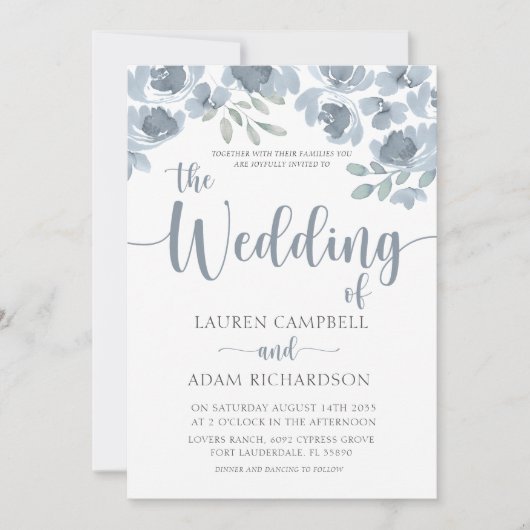 Boho Floral Blue Eucalyptus Wedding Invitation Einladung (Vorderseite)