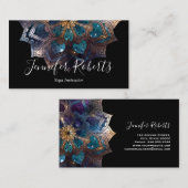 Boho Floral Blue Gold Mandala Chic Black Visitenkarte (Vorne/Hinten)