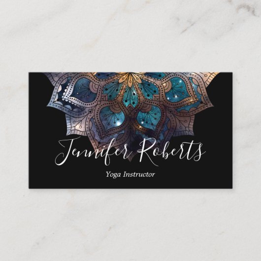 Boho Floral Blue Gold Mandala Chic Black Visitenkarte (Vorderseite)