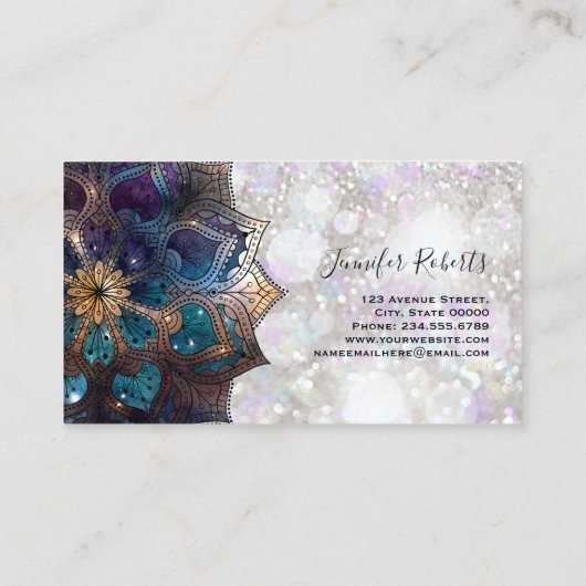 Boho Floral Blue Gold Mandala Chic Glitzer Visitenkarte (Rückseite)