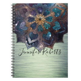 Boho Floral Blue Gold Mandala Chic Green Metallic Notizblock