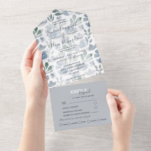 Boho Floral Blue Muster Watercolor Wedding All In One Einladung