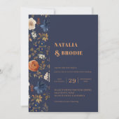 Boho Floral Blue Rust Wedding Einladung (Vorderseite)