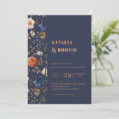 Boho Floral Blue Rust Wedding Einladung (Stehend Vorderseite)