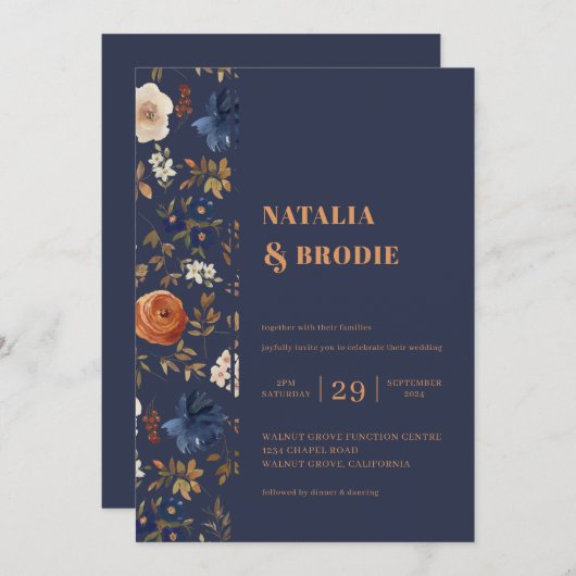 Boho Floral Blue Rust Wedding Einladung (Vorne/Hinten)