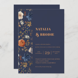 Boho Floral Blue Rust Wedding Einladung