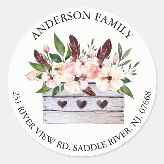 Boho Floral Blume Box Address Label Runder Aufkleber (Vorderseite)