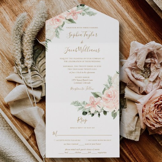 Boho Floral Blush Pink und Sage Green Wedding All In One Einladung