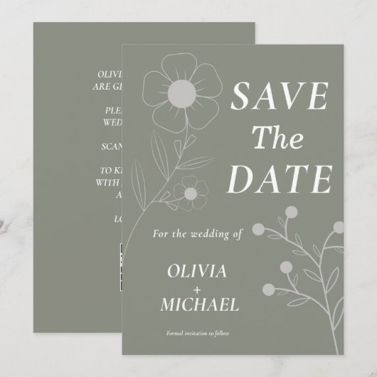 Boho Floral Botanical Saga Green Save the Date (Vorne/Hinten)