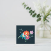 Boho Floral Bouquet Monogram Blue Quadratische Visitenkarte (Stehend Vorderseite)