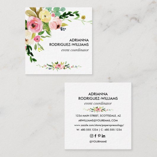 Boho Floral Bouquet Square Business Card Quadratische Visitenkarte (Vorne/Hinten)