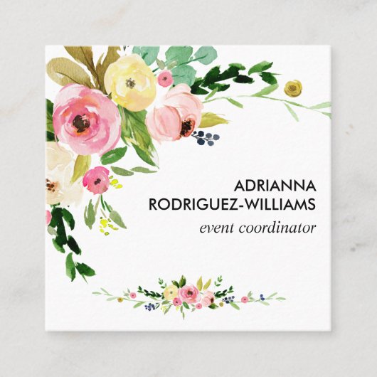 Boho Floral Bouquet Square Business Card Quadratische Visitenkarte (Vorderseite)