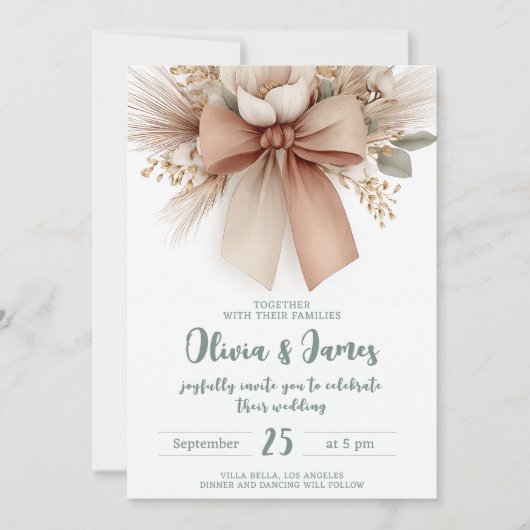 Boho Floral Bow Wedding Einladung (Vorderseite)