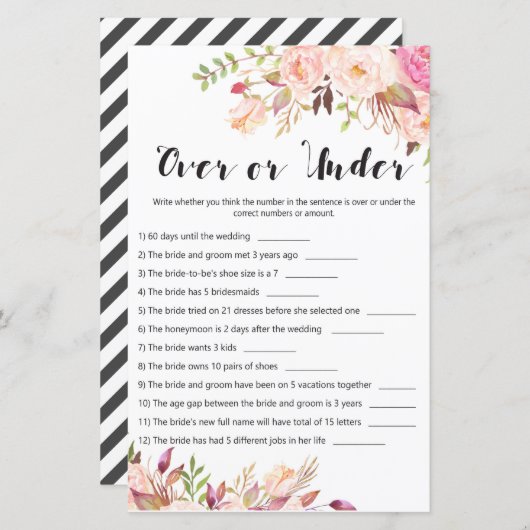 Boho Floral Brautparty Game - Over oder Under (Vorne/Hinten)