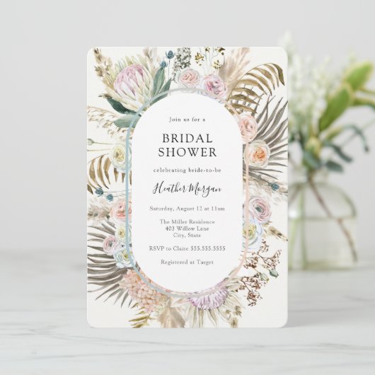 Boho Floral Bridal Dusche Einladung (Stehend Vorderseite)