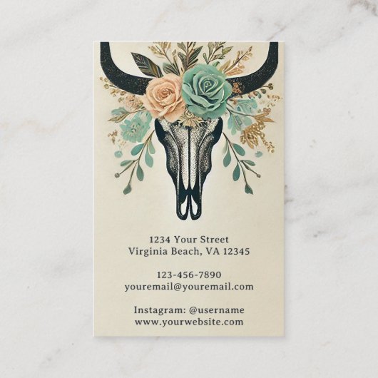 Boho Floral Bull Kuh Skull Western Rustikal Visitenkarte (Rückseite)
