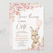 Boho Floral Bunny Balloon 1. Geburtstag Einladung (Vorne/Hinten)