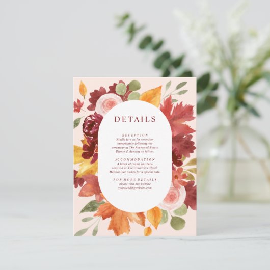 Boho Floral Burgundy Fall Foto Hochzeitsdetails Begleitkarte (Stehend Vorderseite)