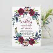 Boho Floral Burgundy Merlot Navy Blue Wedding Einladung (Stehend Vorderseite)
