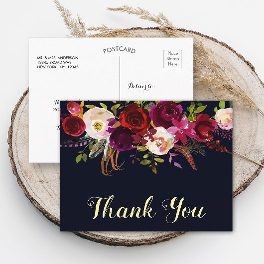Boho Floral Burgundy Navy Hochzeit im Herbst Viele Postkarte