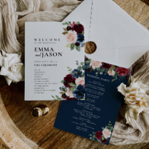 Boho Floral Burgundy Navy Hochzeitsprogramm Einladung