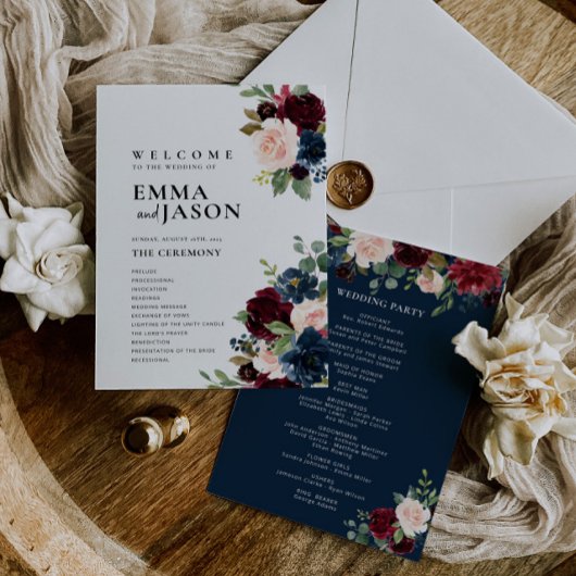 Boho Floral Burgundy Navy Hochzeitsprogramm Einladung