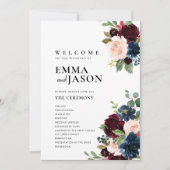 Boho Floral Burgundy Navy Hochzeitsprogramm Einladung (Vorderseite)