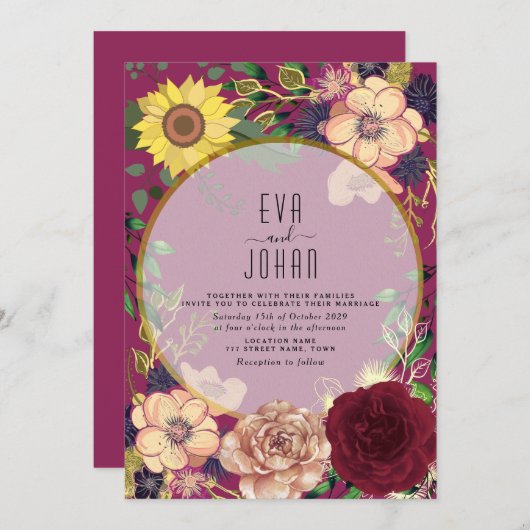 Boho Floral Burgundy Pink Wedding Einladung (Vorne/Hinten)
