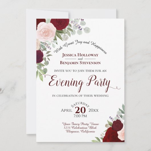 Boho Floral Burgundy Red & Pink Abend Party Einladung (Vorderseite)