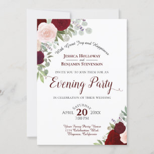 Boho Floral Burgundy Red & Pink Abend Party Einladung