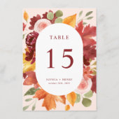 Boho Floral Burgundy Wedding Tischnummer Menu (Rückseite)